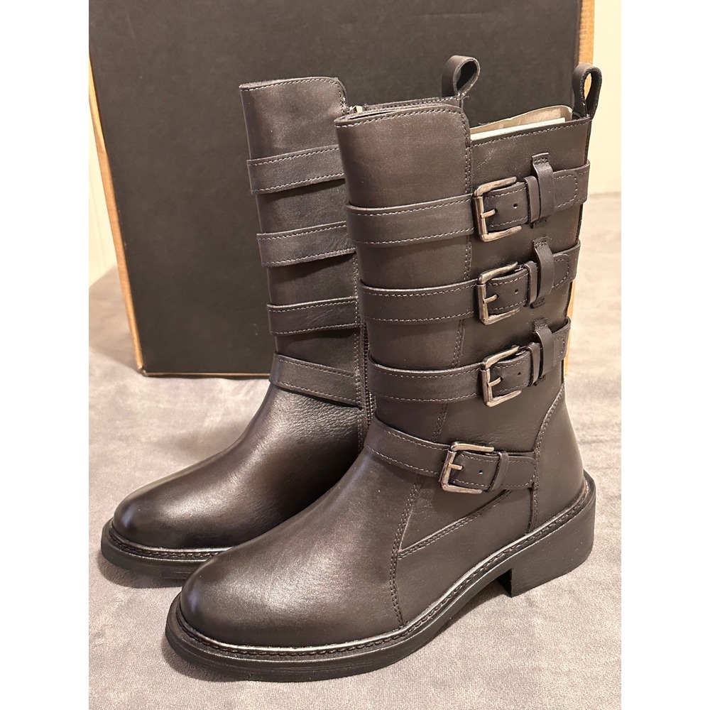Vintage Foundry Co Ulan Black Leather Buckle Moto Boots Womens 6.5